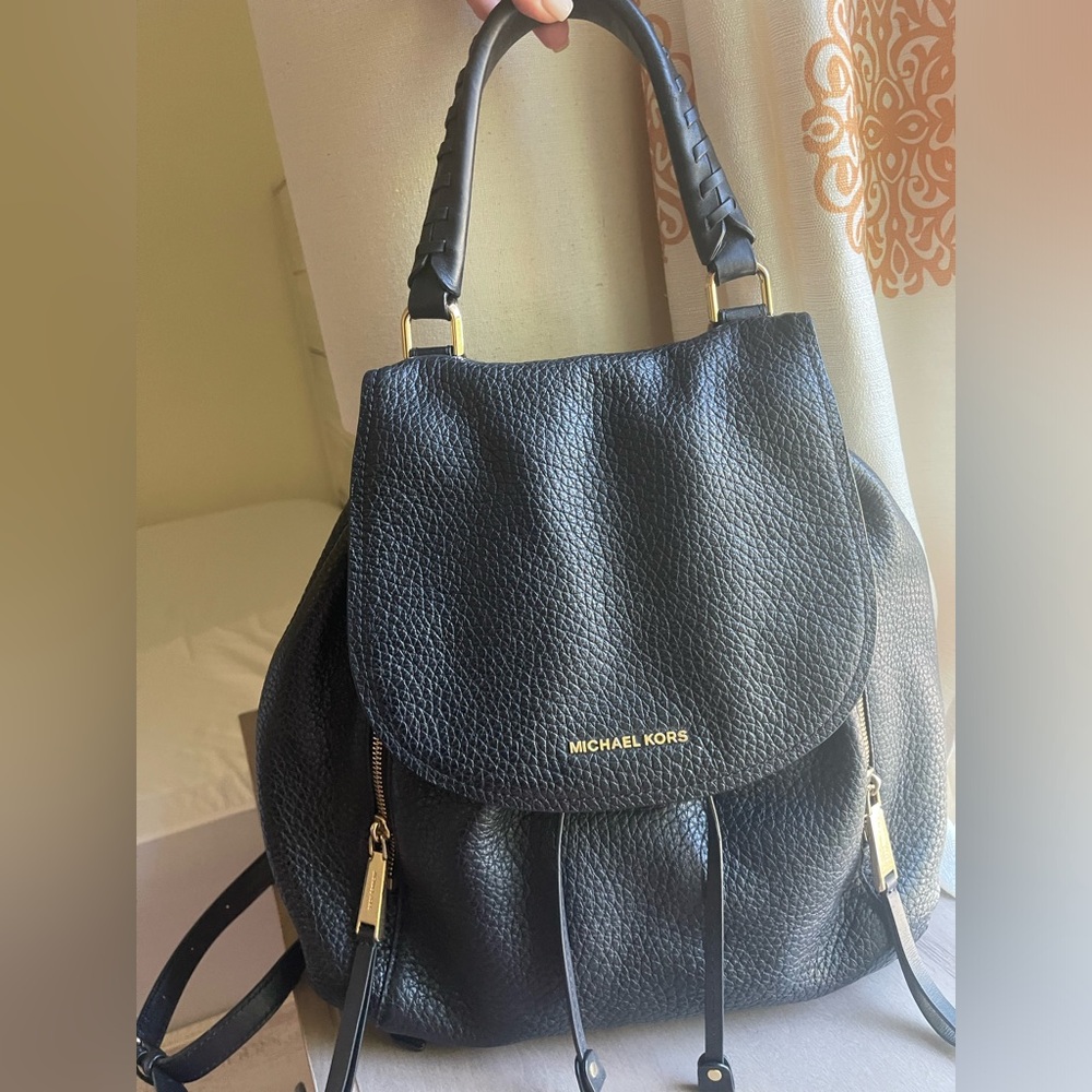 Michael Kors Black Leather Flap Backpack and Shoulder Bag